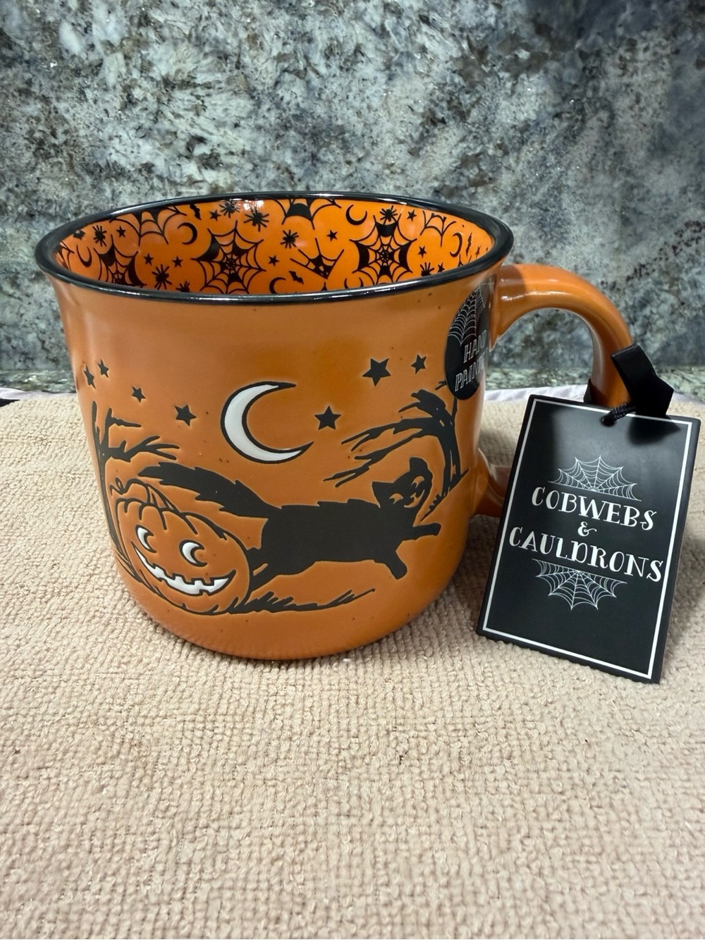 NWT Cobwebs & Cauldrons Hand Painted Halloween Pumpkin Ghost Ceramic Mug Orange